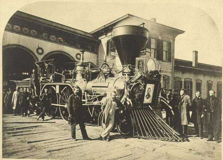A locomotive used in Abraham Lincoln’s funeral train is shown in Ohio in 1865.