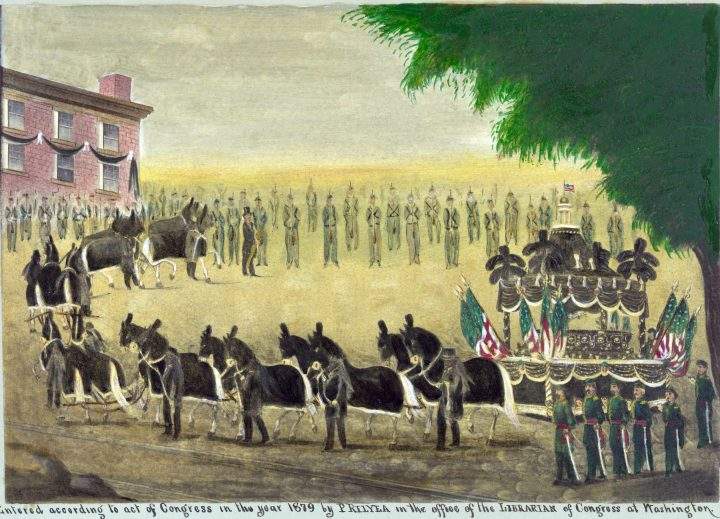 Abraham Lincoln’s funeral car in New York City on April 26th, 1865 in this folk art style painting.
