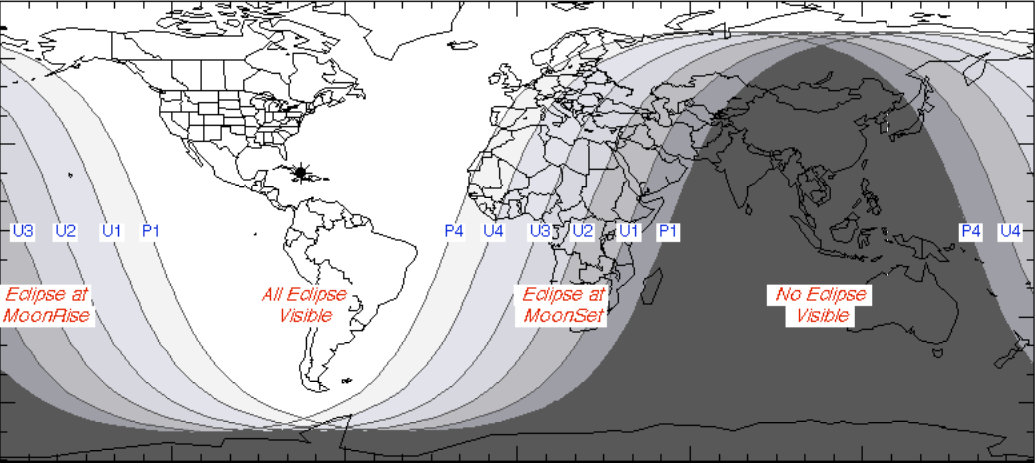 This map shows the regions of Earth to which the super blood moon eclipse will be visible between Jan. 20 and 21, 2019.
