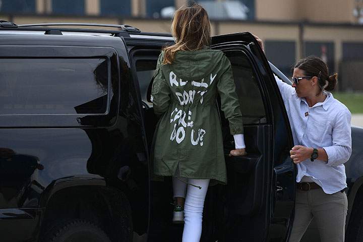 U.S. first lady Melania Trump departs Andrews Air Force Base in Maryland June 21, 2018 wearing a jacket emblazoned with the words “I really don’t care, do you?”