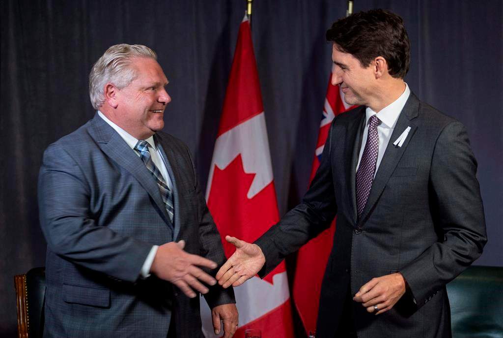 Prime Minister Justin Trudeau meets with Ontario Premier Doug Ford in Montreal on Thursday, December 6, 2018.