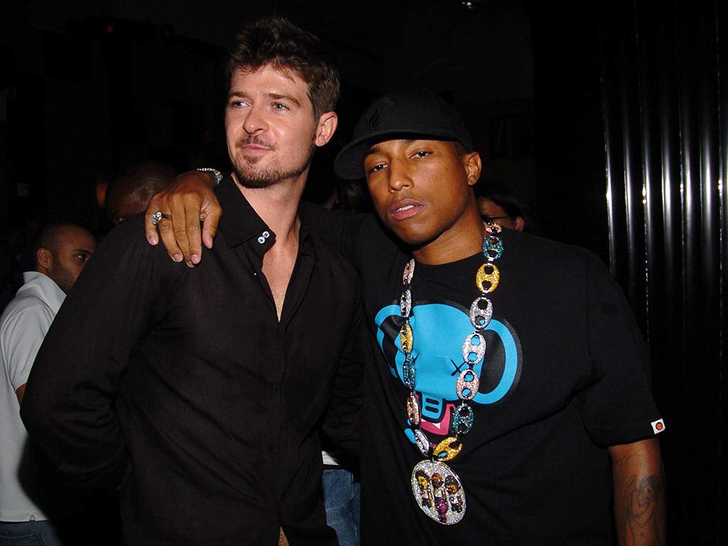 (L-R) Robin Thicke and Pharrell Williams at Cipriani Fifth Ave on Aug. 4, 2005, in New York City.