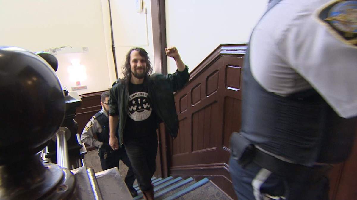 One of the protesters arrested at a Canada Post facility in Halifax appears in court on Dec. 3, 2018.