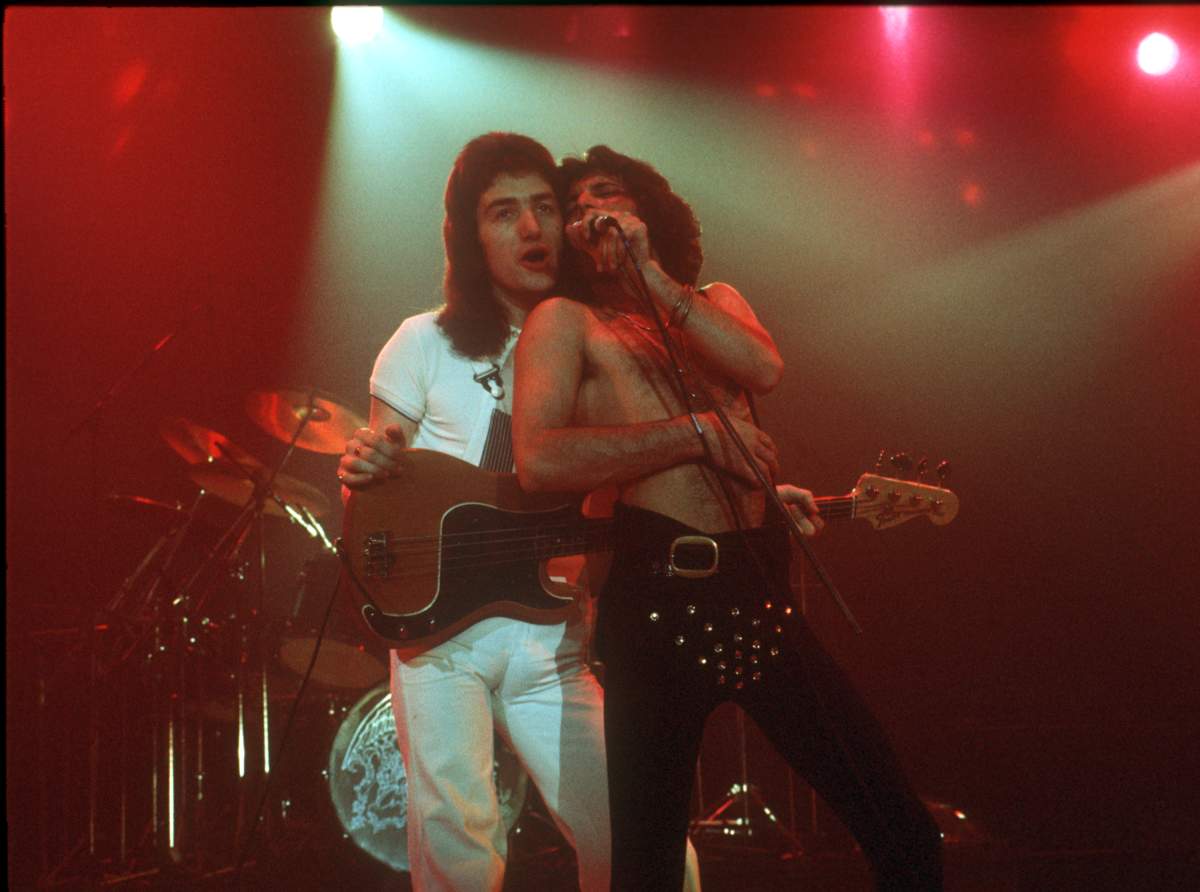 Photo of John Deacon and Freddie Mercury of Queen in 1970.