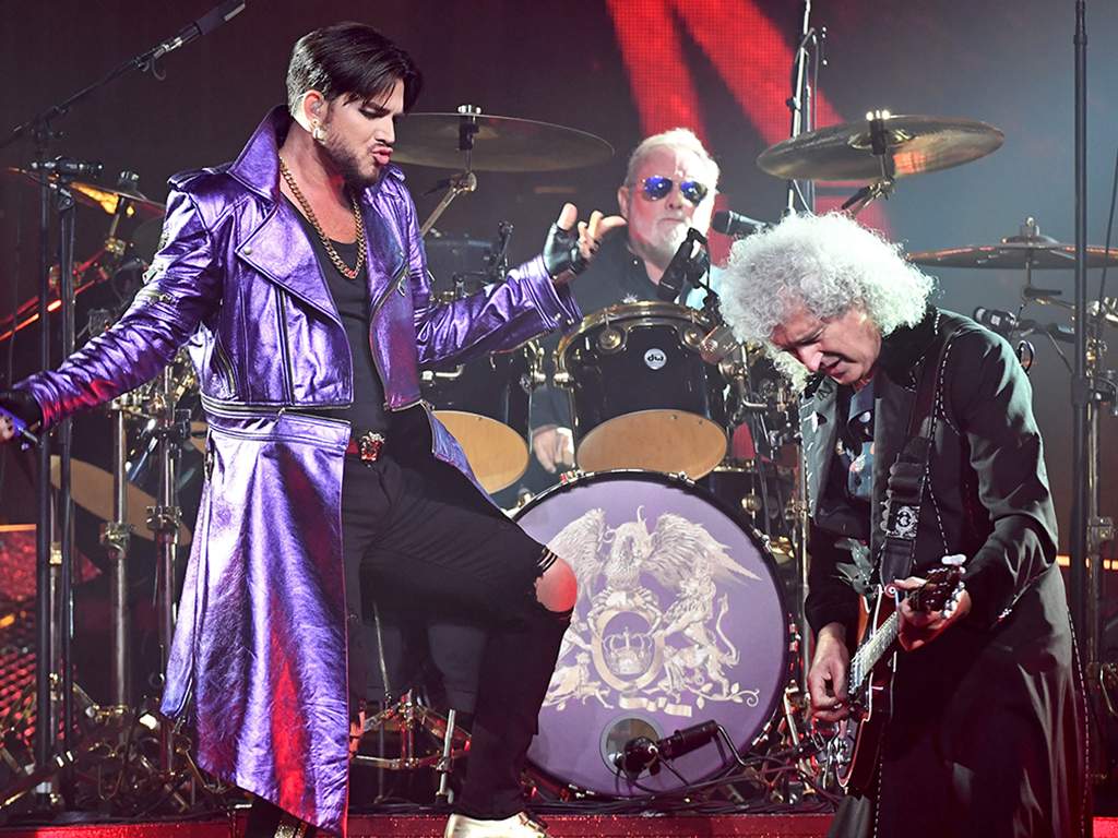(L-R) Adam Lambert, Roger Taylor and Brian May of Queen + Adam Lambert perform at Park Theater at Park MGM on Sept. 1, 2018, in Las Vegas, Nev.