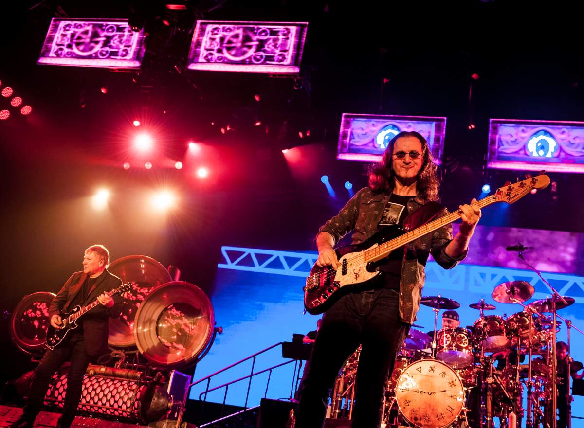 (L-R) Alex Lifeson, Geddy Lee and Neil Peart of Rush at the LG Arena on May 26, 2013, in Birmingham, England.