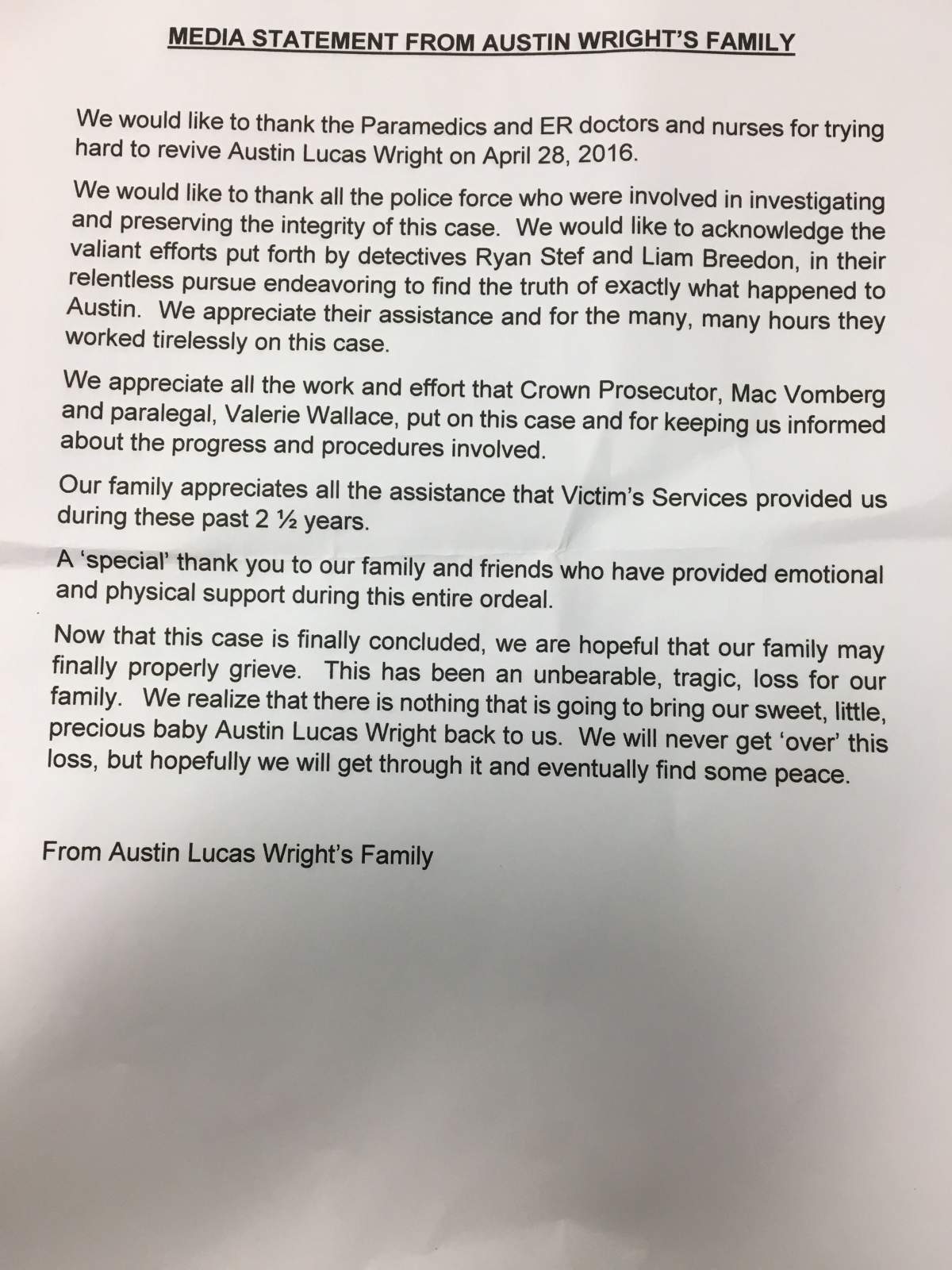 Statement provided by the family of Austin Wright