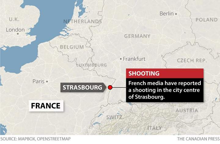 A map showing Strasbourg, France, where a shooting near the city’s famed Christmas market killed at least 2 on Dec. 11, 2018.