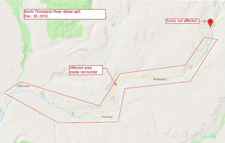 Interior Health said that those who live inside the affected area should not use any water from the North Thompson River if it smells or tastes like fuel. The impacted area is between the spill site 10 kilometres south of Avola and the confluence of the North Thompson and Clearwater Rivers.