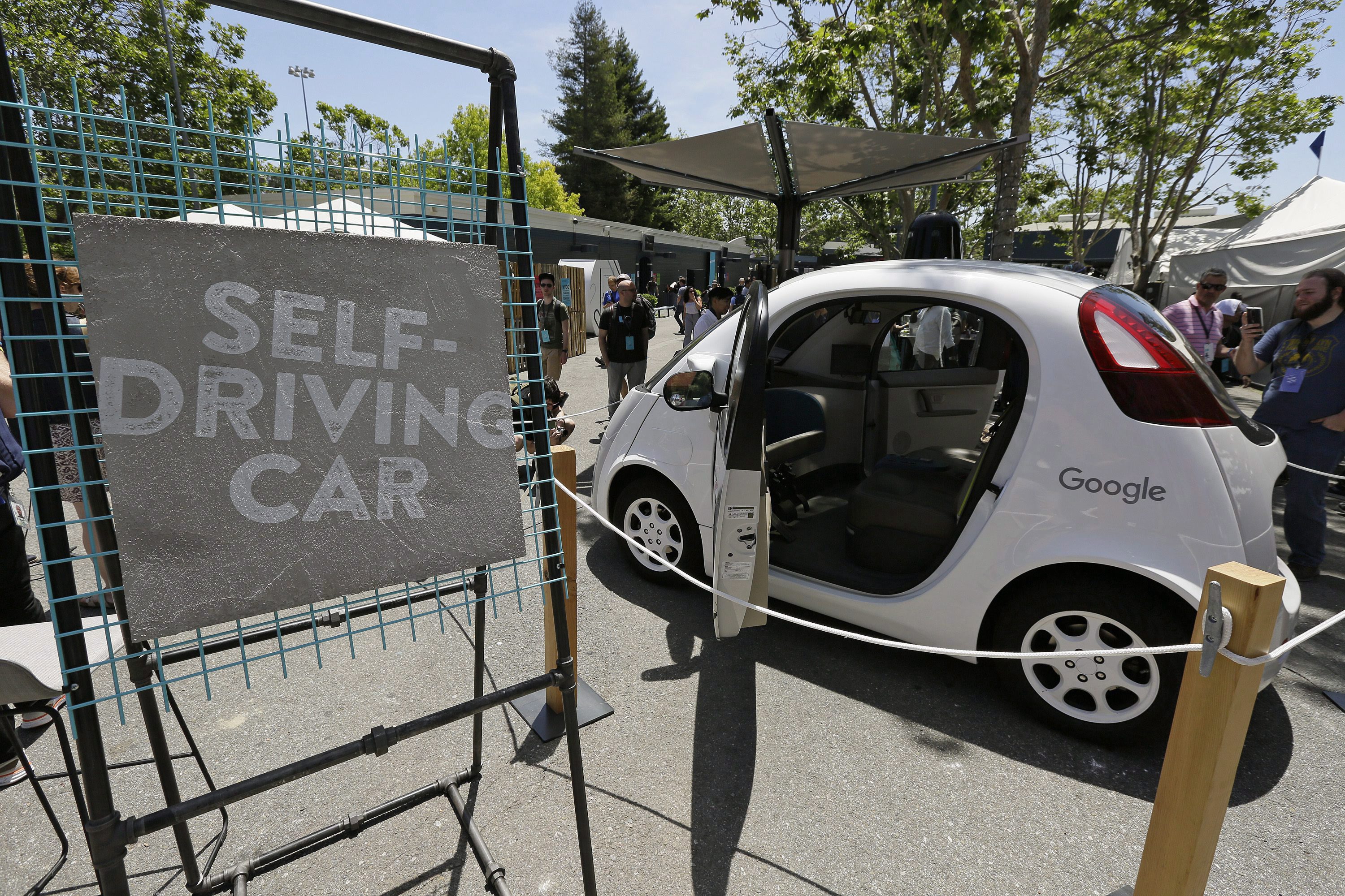 In this photo taken May 18, 2016, a Google self-driving car is seen on display at Google’s I/O conference in Mountain View, Calif.