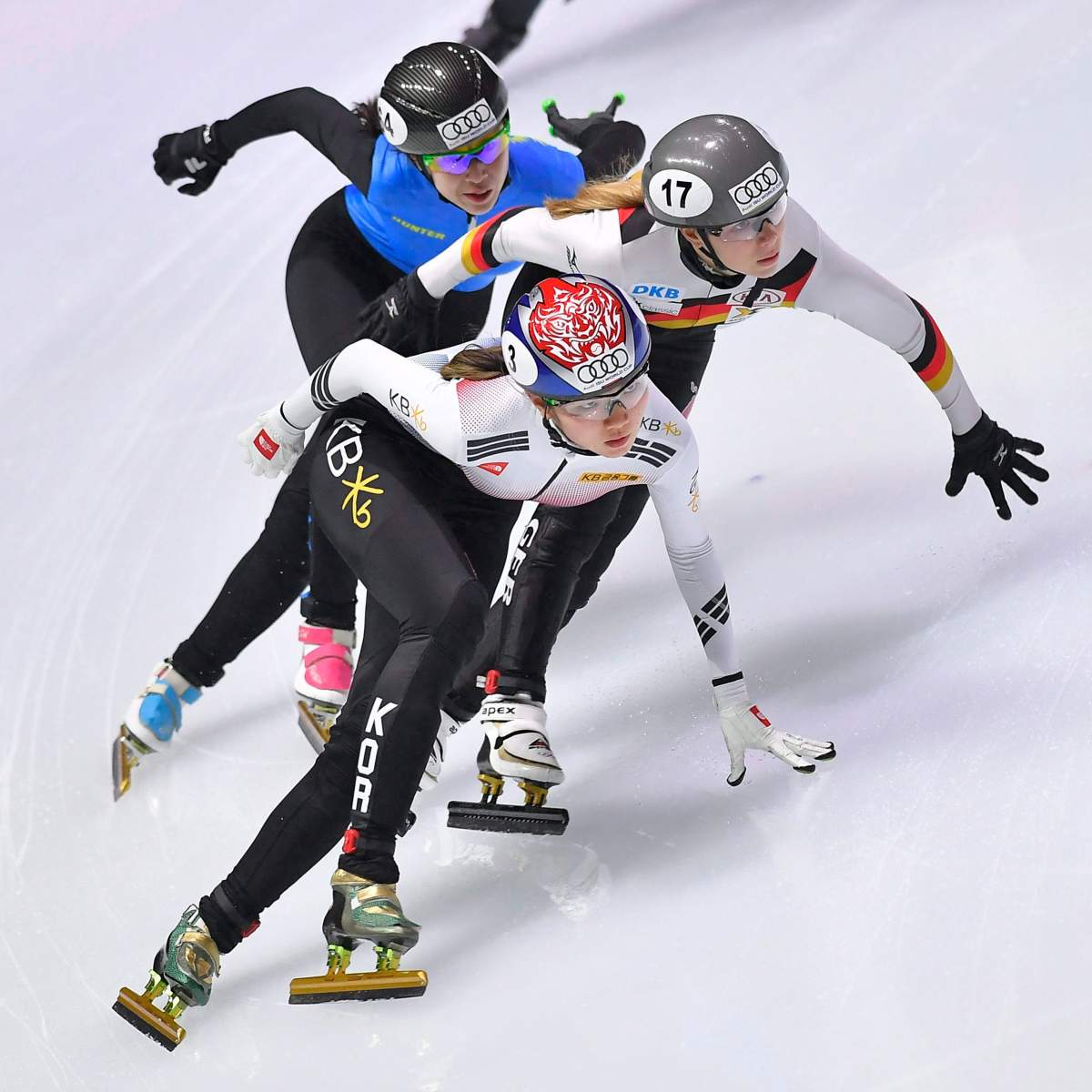From left, Iong A Kim of Kazakhstan, Shim Suk-hee of South Korea and Ana Seidel of Germany compete in the women’s 1000m heats during the first stage of the ISU World Cup Short Track Speed Skating qualification series for the Olympic Winter Games, in Budapest, Hungary, Friday, Sept. 29, 2017.