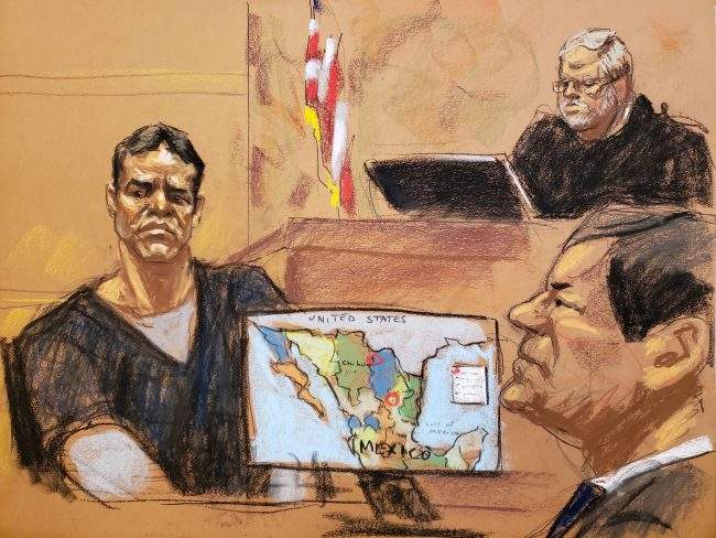 Vicente Zambada Niebla takes the witness box at the trial of accused Mexican drug lord Joaquin ‘El Chapo’ Guzman in this courtroom sketch from a federal court in Brooklyn, New York, Jan. 3, 2019.