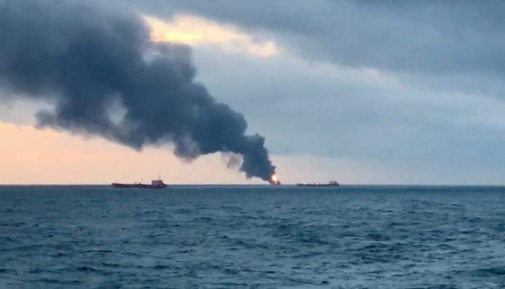 Smoke rises from a fire at a ship in the Kerch Strait near Crimea, Jan. 21, 2019.