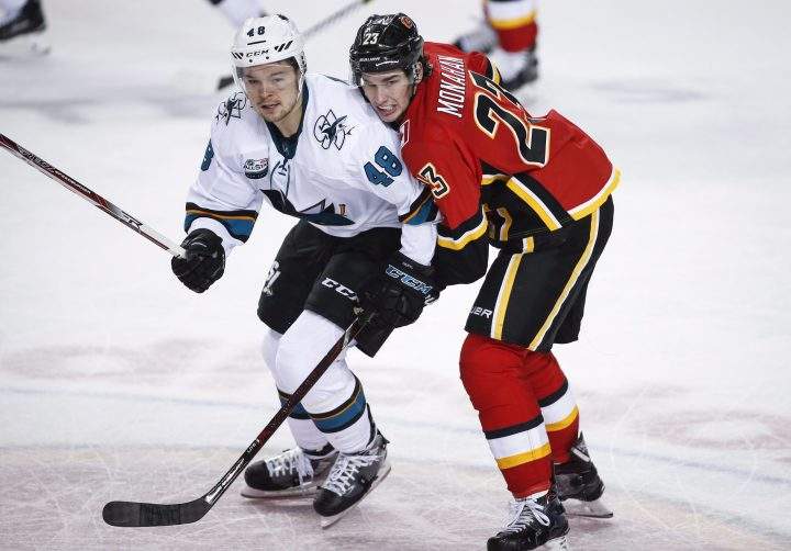 San Jose Sharks’ Tomas Hertl, left, of the Czech Republic, and Calgary Flames’ Sean Monahan struggle for position during second period NHL hockey action in Calgary, Monday, Dec. 31, 2018.