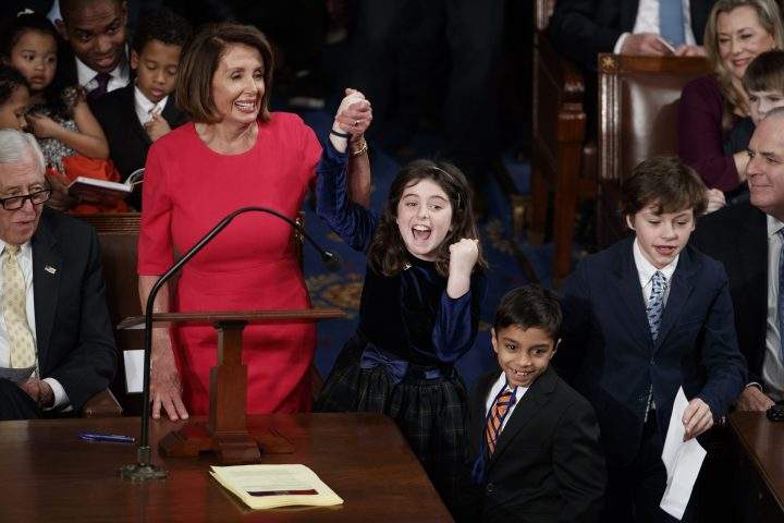 Nancy Pelosi reacts after casting her vote for herself as Speaker of the House.