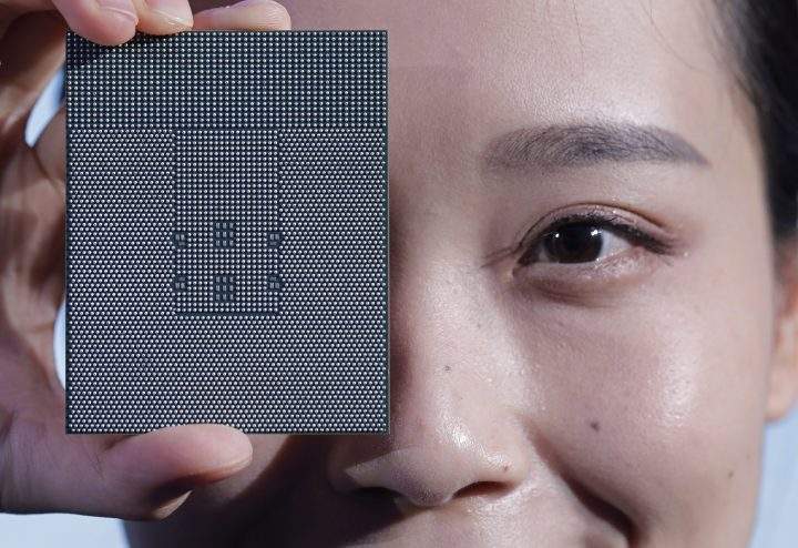 A Kunpeng 920 chip is displayed during an unveiling ceremony in Shenzhen, China, Monday, Jan. 7, 2019. 