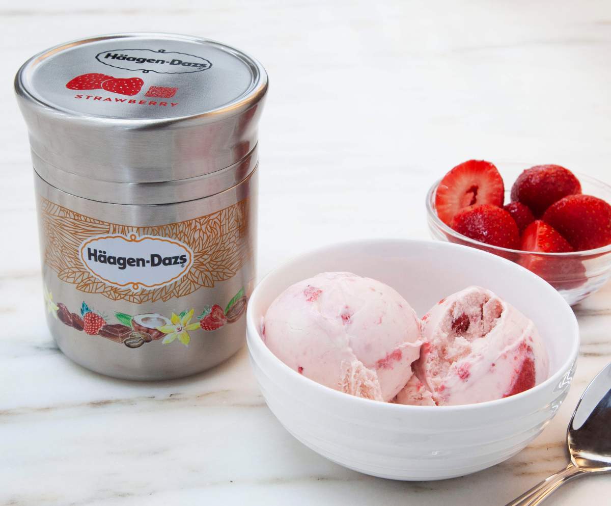 This photo shows Nestle’s stainless steel Häagan-Dazs ice cream container designed for use with Loop. The new shopping platform announced at the World Economic Forum aims to change the way people buy many products, from food to personal-care and home products.