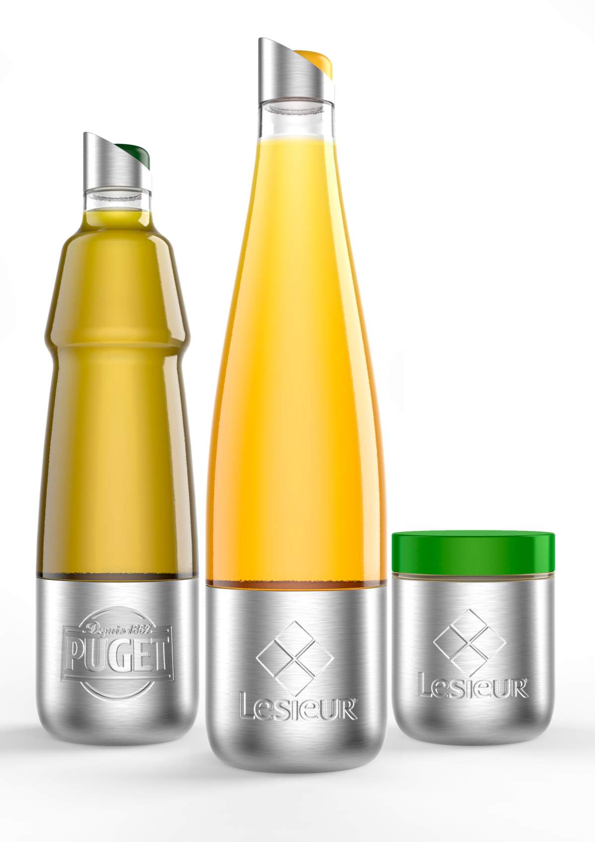 This photo shows Lesieur’s stainless steel vegetable oils and mayonnaise containers designed for use with Loop.