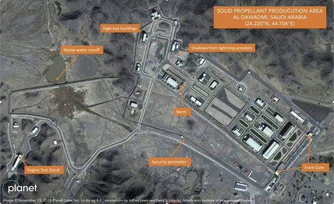 A suspected Saudi ballistic missile base and test facility is seen outside the town of al-Dawadmi, Saudi Arabia in this Nov. 13, 2018 satellite image.


