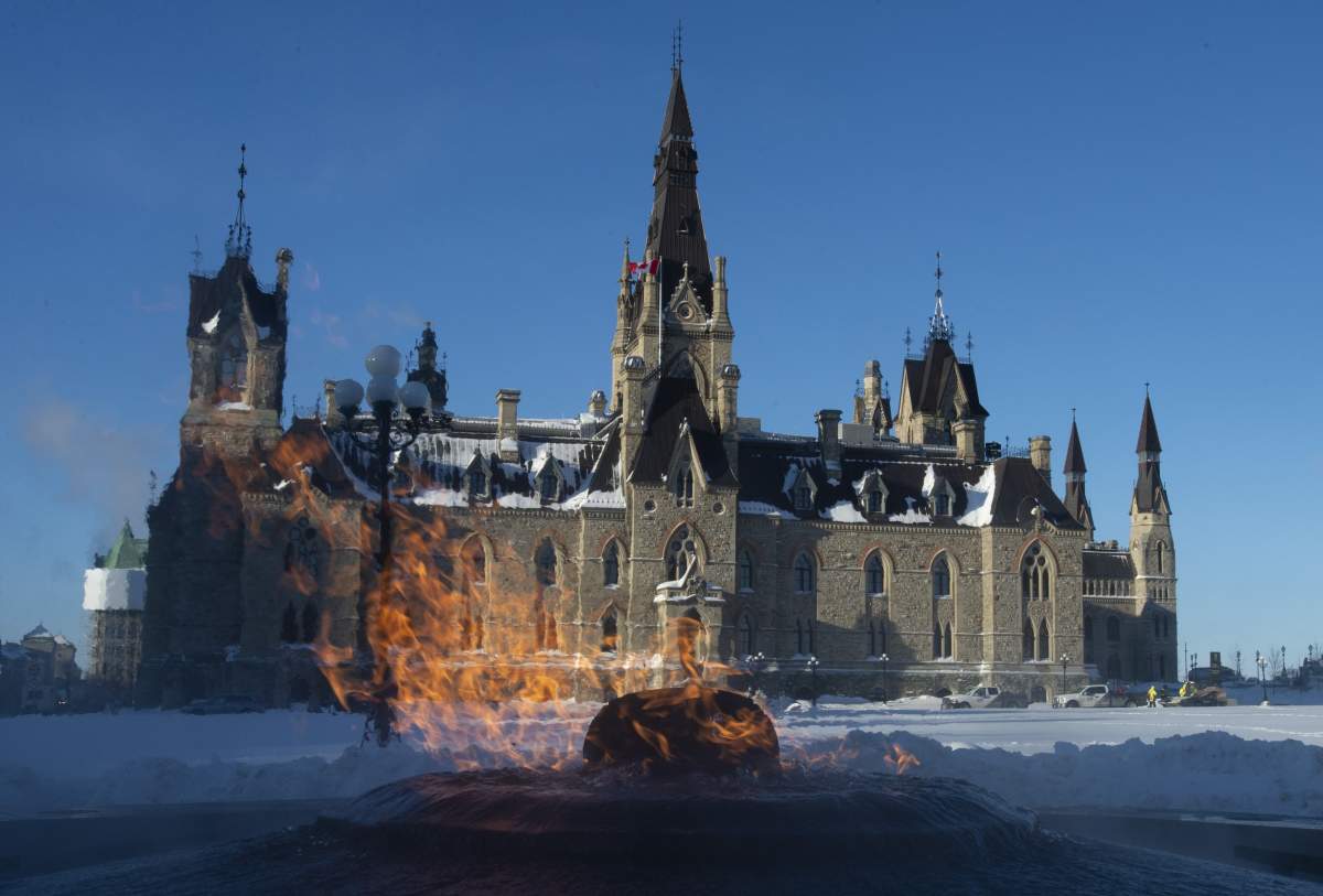 The Centennial flame burns outside West Block as Parliament resumes in Ottawa, Jan 28, 2019. 
