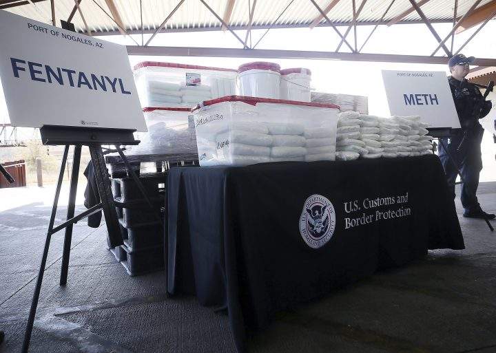 A display of the fentanyl and meth that was seized by Customs and Border Protection officers over the weekend at the Nogales Port of Entry is shown during a press conference on Thursday, Jan. 31, 2019, in Nogales, Ariz.