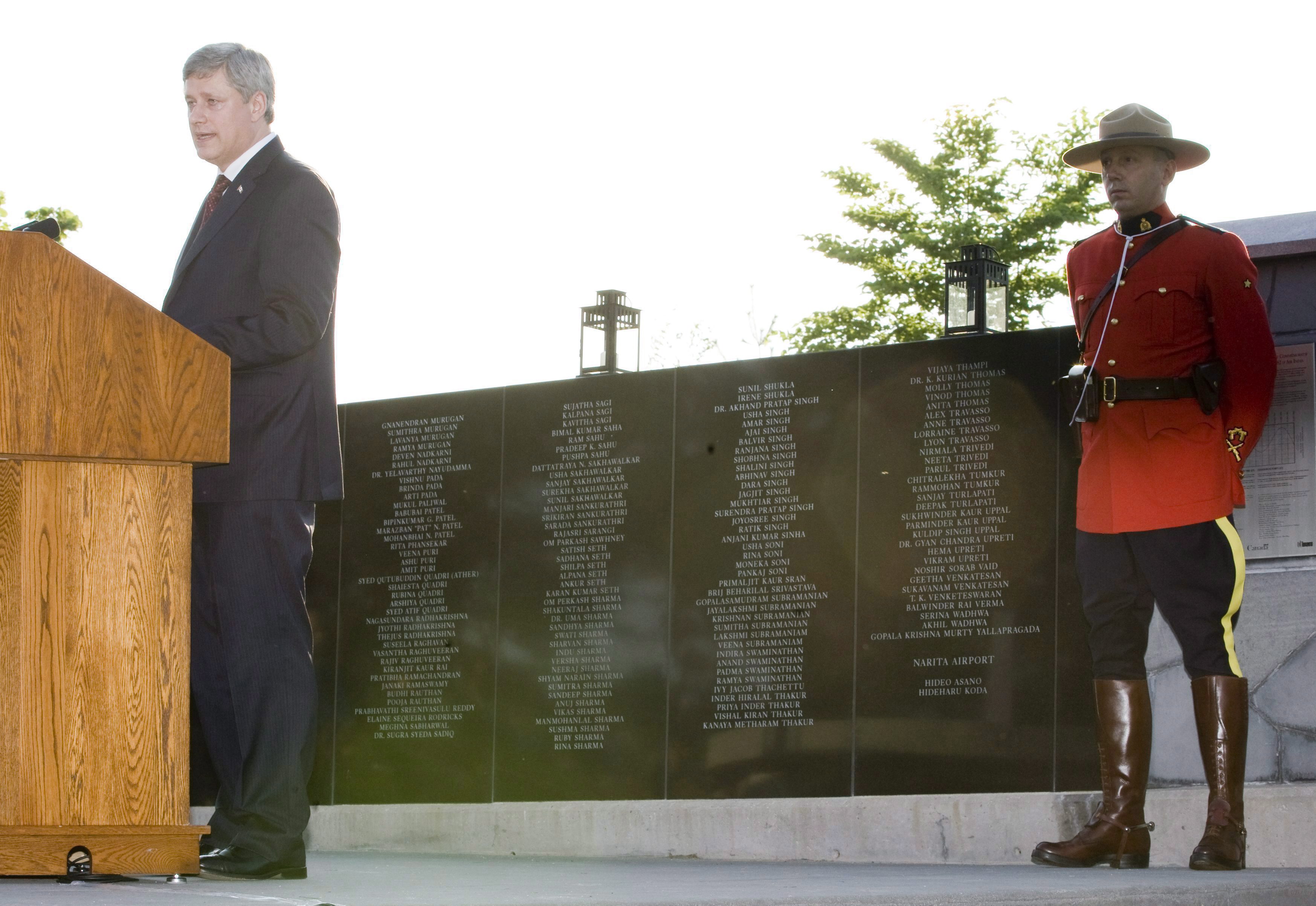 Prime Minister Stephen Harper apologizes to the families of the victims of Air India Flight 182 at the memorial site in Toronto on Wednesday June 23, 2010. Flight 182 was brought down by a terrorist bomb on June 23, 1985.THE CANADIAN PRESS/Frank Gunn