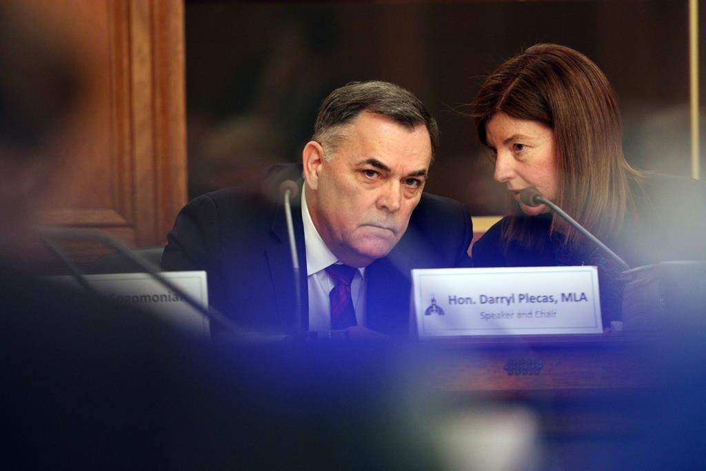 House Speaker Darryl Plecas speaks with Kate Ryan-Lloyd acting clerk of the house during a Legislative Assembly Management Committee meeting in the Douglas Fir room at Legislature in Victoria, B.C., on Monday, January 21, 2019.