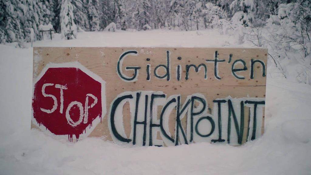 A sign for a blockade check point by the Gidimt'en clan of the Wet'suwet'en First Nation is shown in this undated handout photo posted on the Wet'suwet'en Access Point on Gidumt'en Territory Facebook page. 