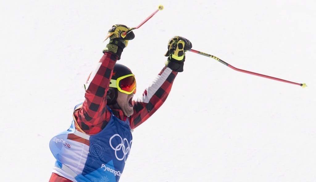 Brady Leman, of Canada, celebrates his gold medal win in the men’s ski cross final at the 2018 Winter Olympic Games in Pyeongchang, South Korea, Wednesday, Feb. 21, 2018.