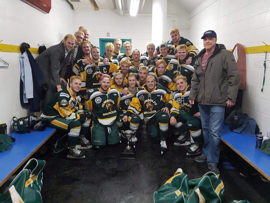 Members of the Humboldt Broncos junior hockey team are shown in a photo posted to the team Twitter feed, @HumboldtBroncos on March 24, 2018 after a playoff win over the Melfort Mustangs. THE CANADIAN PRESS/Twitter-@HumboldtBroncos