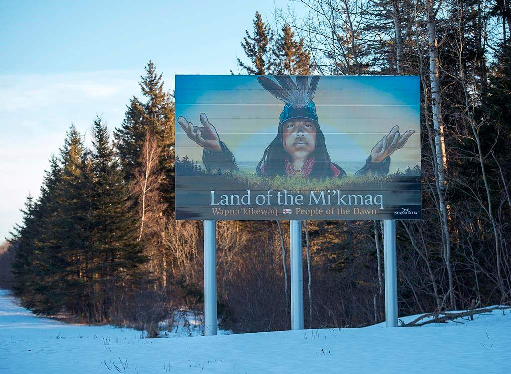 A billboard-size highway sign that highlights the province's rich Mi'kmaq heritage stands along the Trans-Canada Highway near Amherst, N.S. on Monday, Jan. 14, 2019.