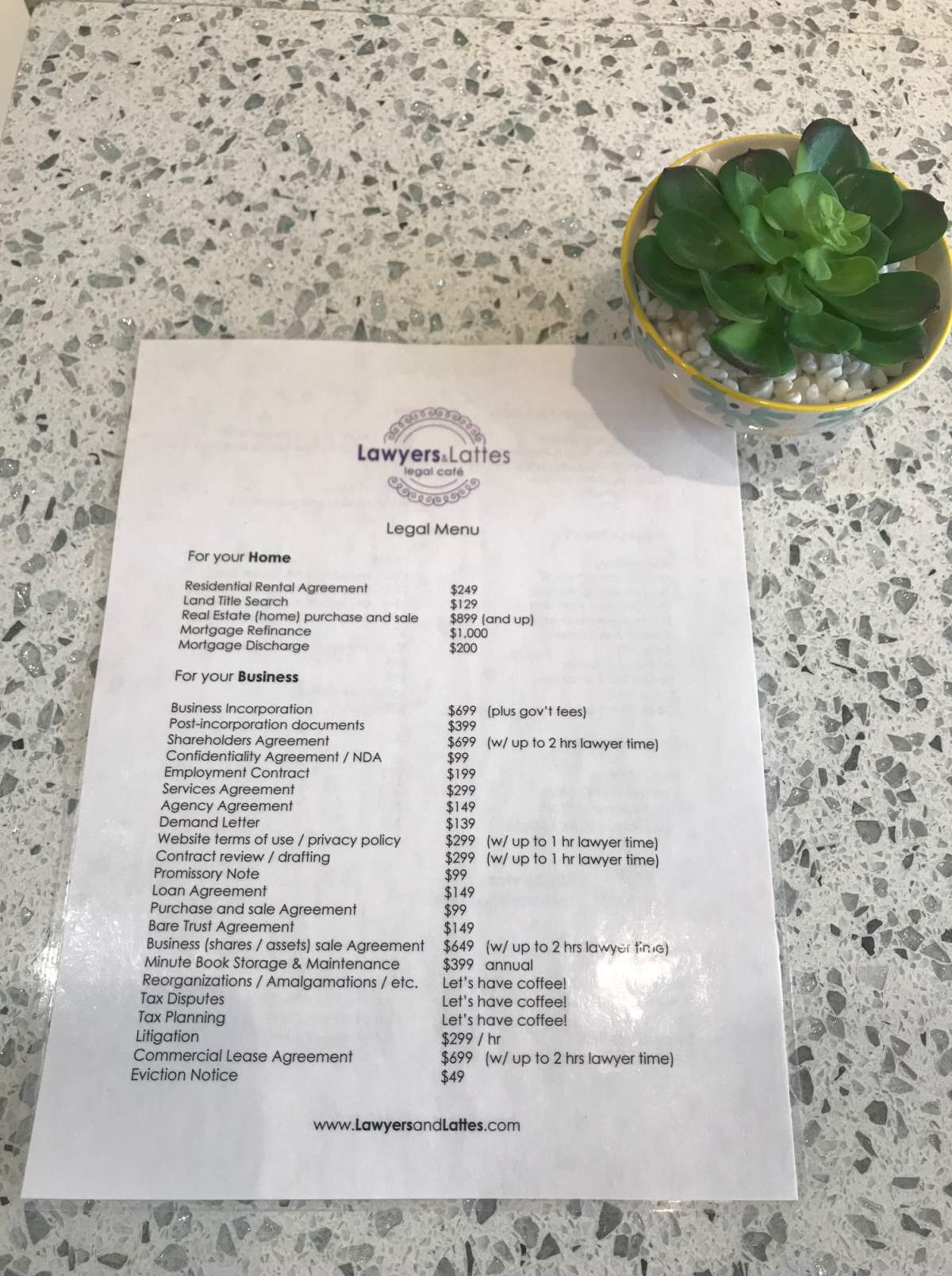 Menu of legal services at Lawyers and Lattes in Toronto.