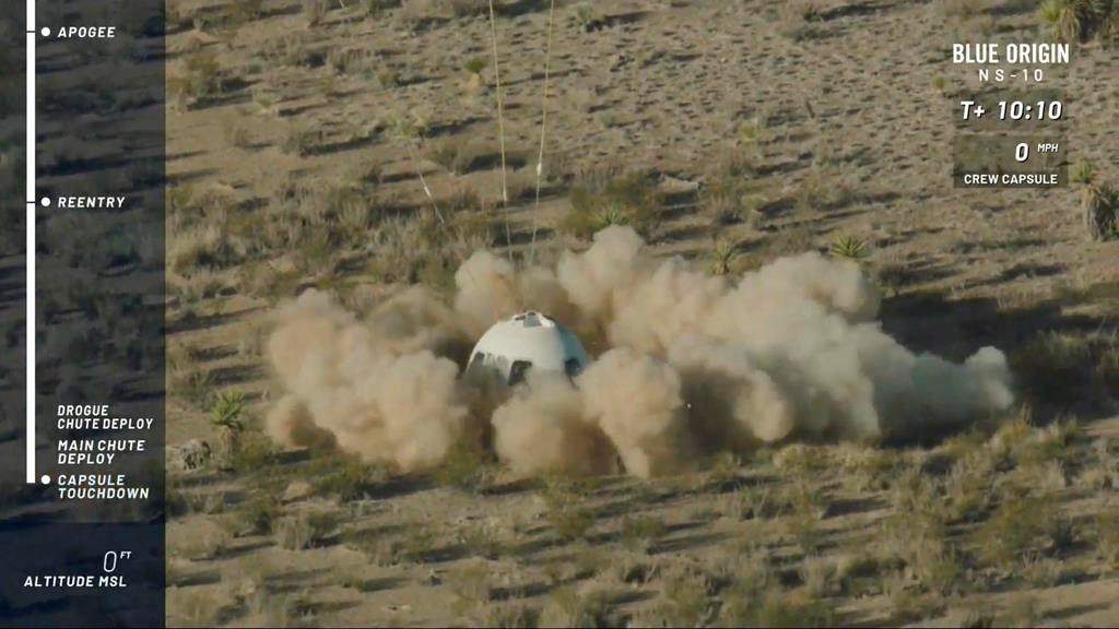 In this image from video made available by Blue Origin, the New Shepard capsule lands at the company’s site in west Texas. Jeff Bezos’ rocket company launched NASA experiments into space on the brief test flight. (Blue Origin via AP)