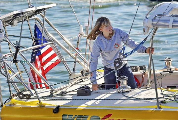 In this Jan. 23, 2010 photo, Abby Sunderland, 16, looks out from her sailboat, Wild Eyes, as she leaves for her world record attempting journey at the Del Rey Yacht Club in Marina del Rey, Calif.
