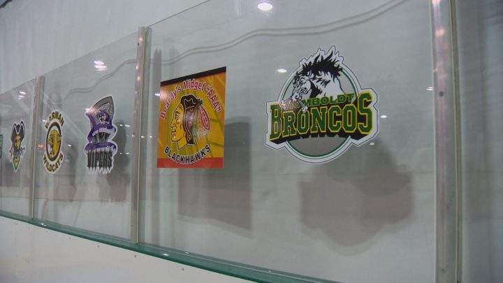 Decals show the teams Logan Schatz played for from novice to the SJHL.