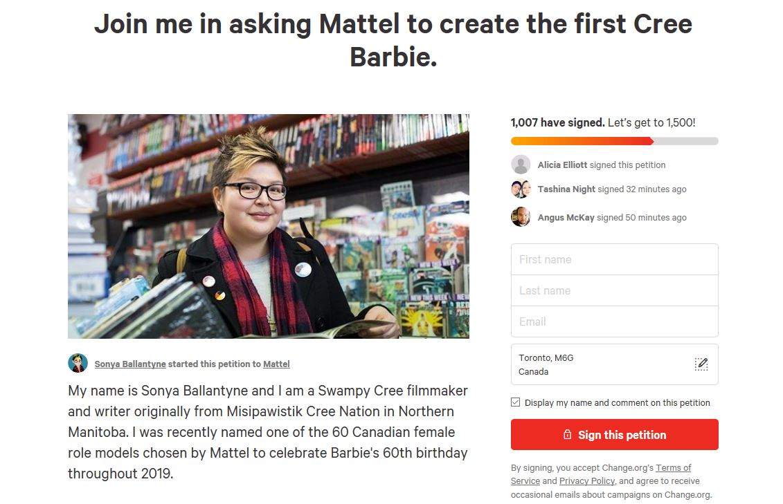 A Manitoba filmmaker has started a petition with a goal of encouraging Mattel to create a Cree Barbie.