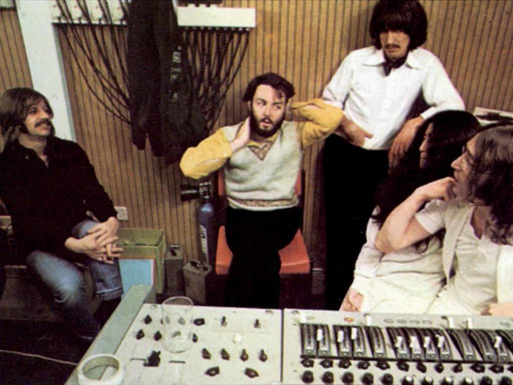 The Beatles and Yoko Ono at Twickenham Studios during the recording of ‘Let it Be’ in 1969, London, England.