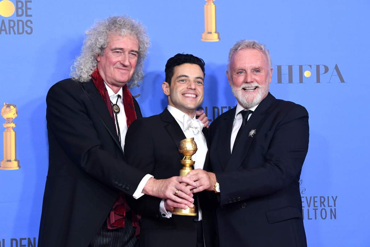 Best Actor in a Motion Picture Drama for ‘Bohemian Rhapsody’ winner Rami Malek with Brian May and Roger Taylor of Queen on Jan. 6, 2019 in Beverly Hills, Calif.