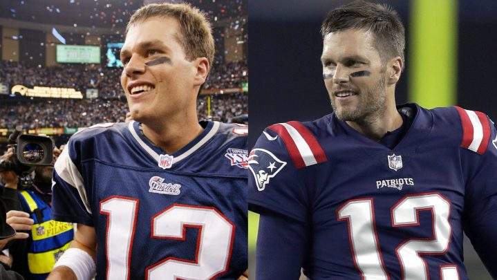 New England Patriots quarterback Tom Brady is shown at his first Super Bowl, left, at the age of 24, and at the age of 41, right, during the 2018-19 NFL season.