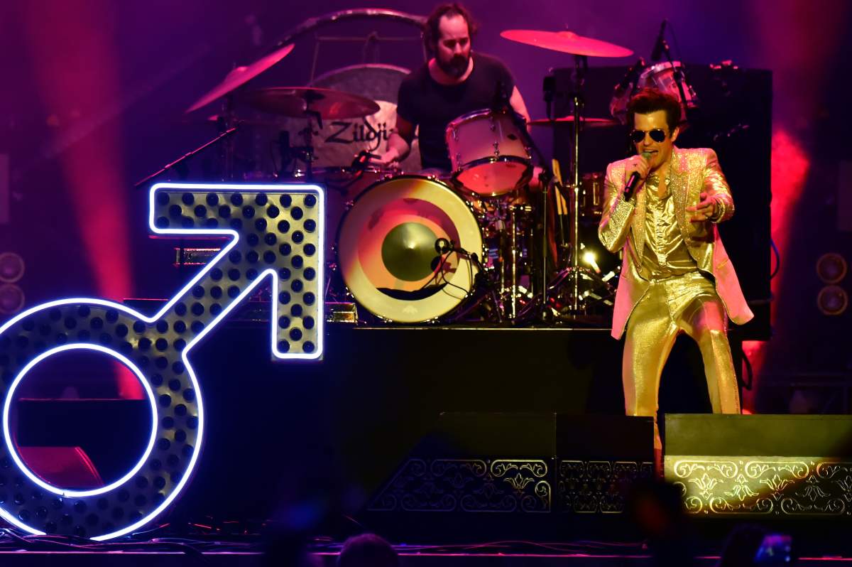 Ronnie Vannucci Jr. (L) and Brandon Flowers of The Killers perform at Bonnaroo Arts and Music Festival on June 10, 2018, in Manchester, Tenn.