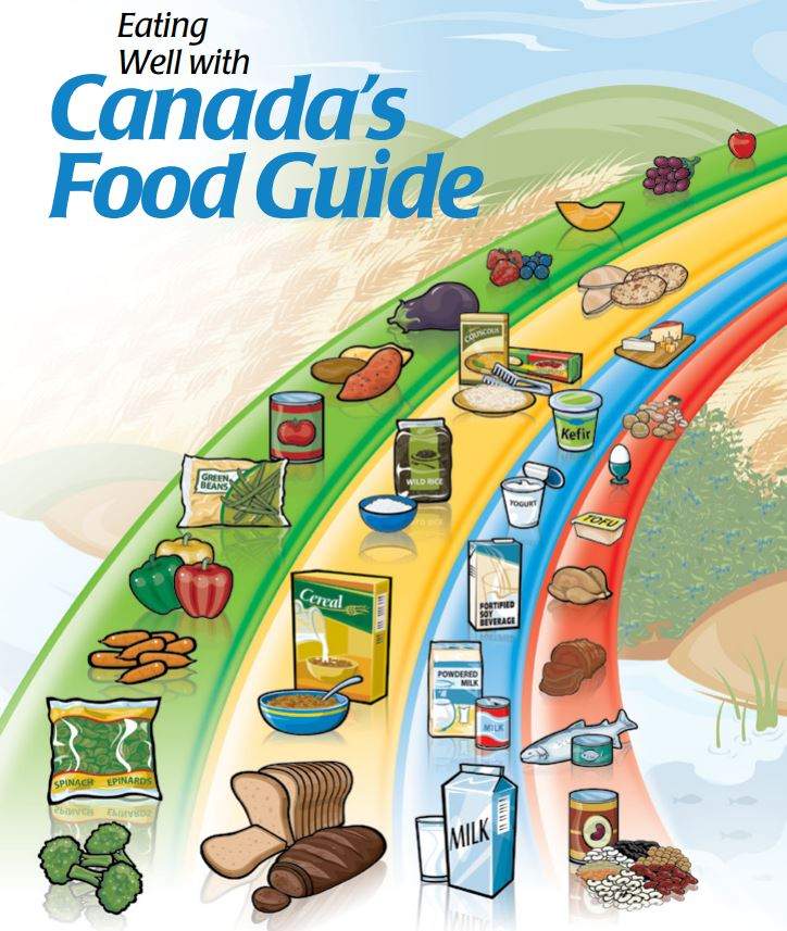 The cover page of the last edition of Canada’s Food Guide, featuring the now-familiar food groups rainbow.