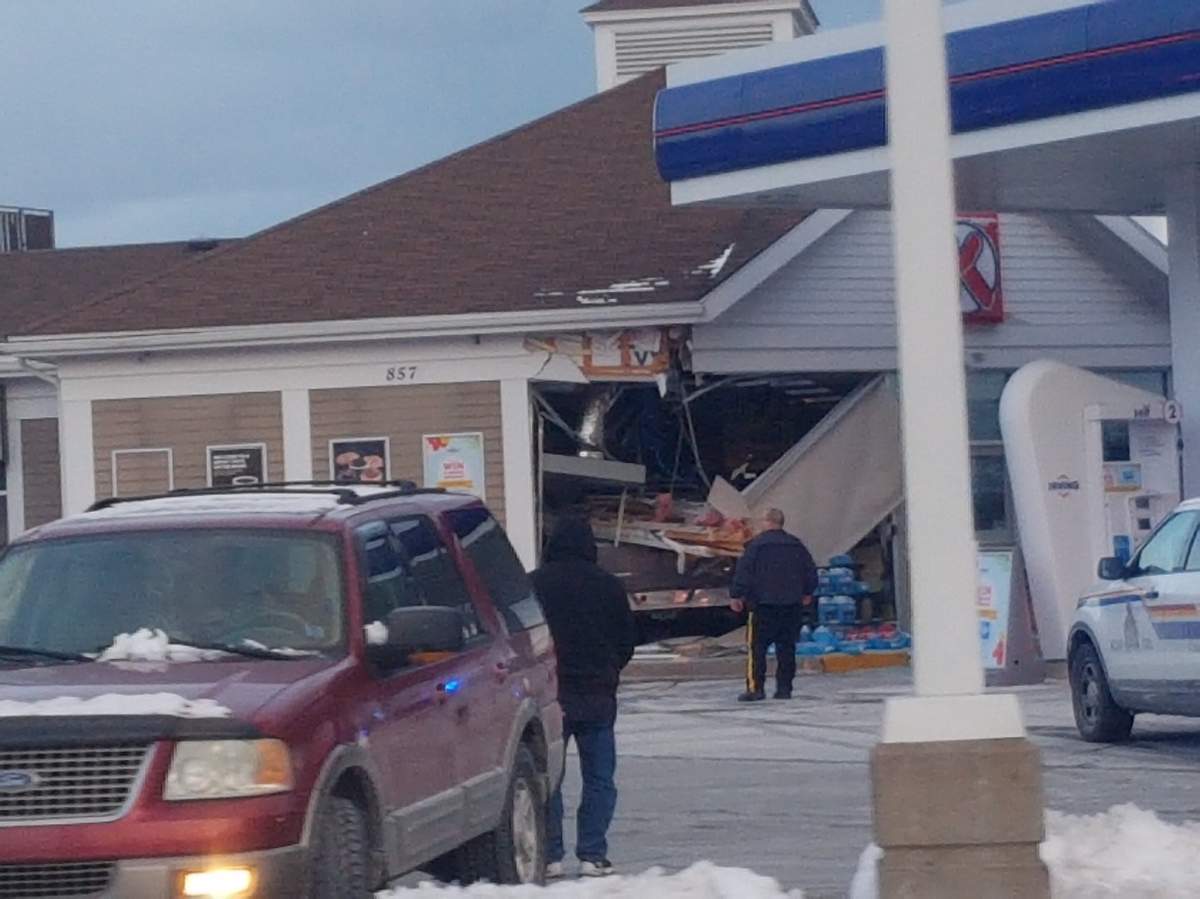 A pickup truck smashed into the Circle K in Lower Sackville, N.S., on Thursday, Jan. 31, 2019.