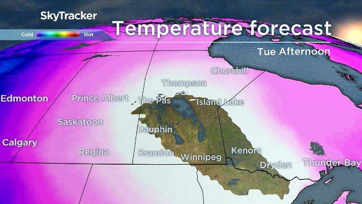 The white or uncoloured sections of the map show a forecast temperature that is even too low for the colour scale.