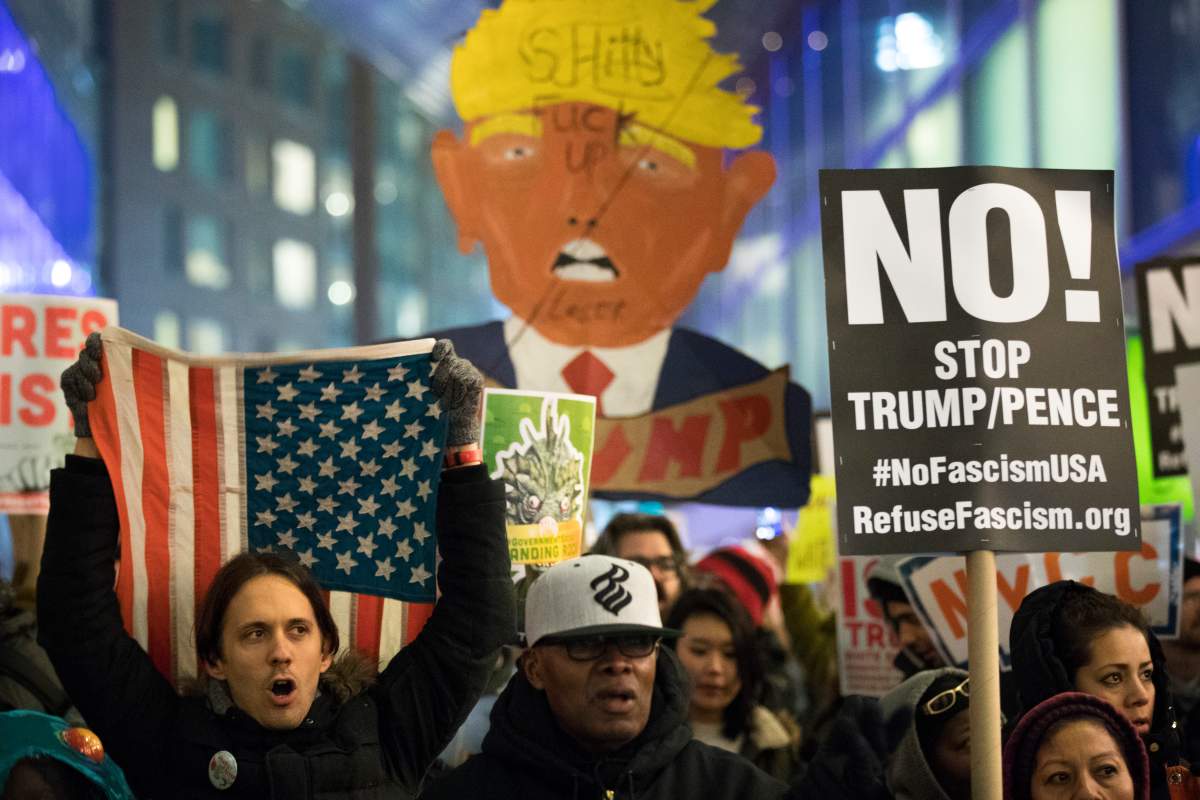 Activists rally against President Donald Trump in Lower Manhattan, Feb. 7, 2017, in New York City.