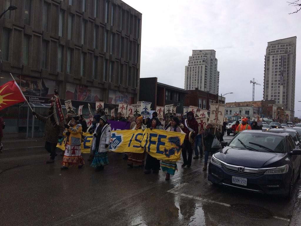 Dozens of members of local Indigenous communities protested through the streets of downtown London on Wednesday, Jan. 9, 2019 in solidarity with Wet'suwet'en First Nation, which is fighting against the construction of a pipeline in British Columbia. 