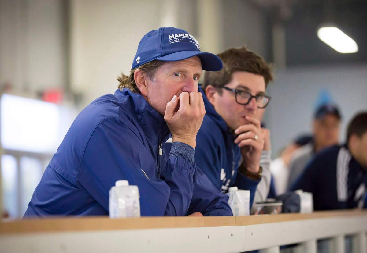 Toronto Maple Leafs Head Coach Mike Babcock, left, and General Manager Kyle Dubas have watched their team struggle since the turn of the calendar.