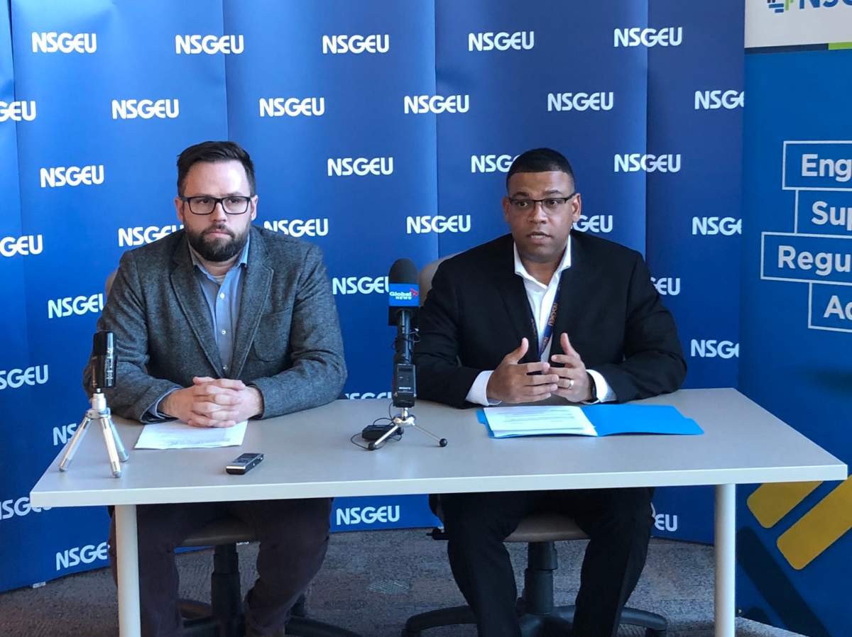 Alec Stratford, the executive director of the Nova Scotia College of Social Workers and Jason MacLean, president of the NSGEU, speak on Jan. 21, 2019.