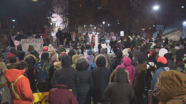 Protesters in Edmonton braved cold temperatures on Tuesday to show solidarity with people arrested at Indigenous pipeline blockade in northern B.C.