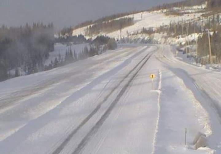 Road conditions along the Elkhart section of the Okanagan Connector, approximately 25 kilometres east of the Highway 5A/97C junction. Elevation: 1,621 metres.