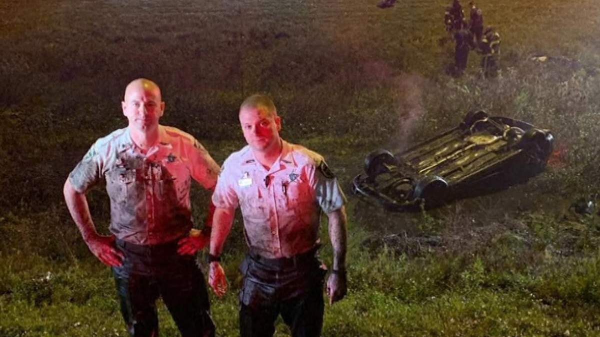 Deputies pose in muddy uniforms after rescuing Amanda Antonio.